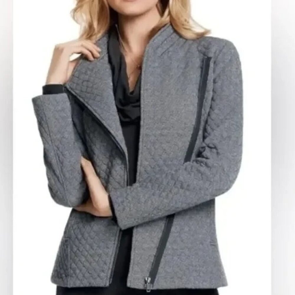 Cabi Gray Herringbone Quilted Asymmetric Zip Moto Jacket Style 3025 Womens‎ LG